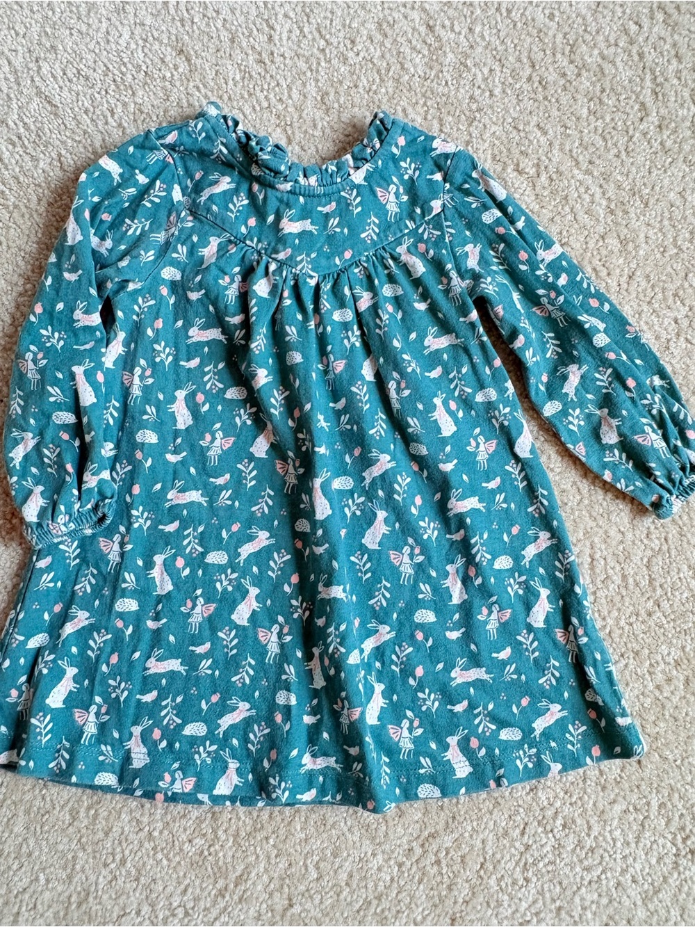 Baby Boden Teal Bunny & Floral Long-Sleeve Dress